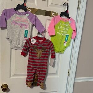 Garanimals graphic bodysuits and Child of Mine footed onesie; size: 0-3 months